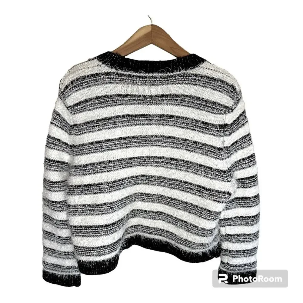 Calvin Klein Cropped Black and White Striped Eyelash Open Front Cardigan Sweater - Picture 2 of 6